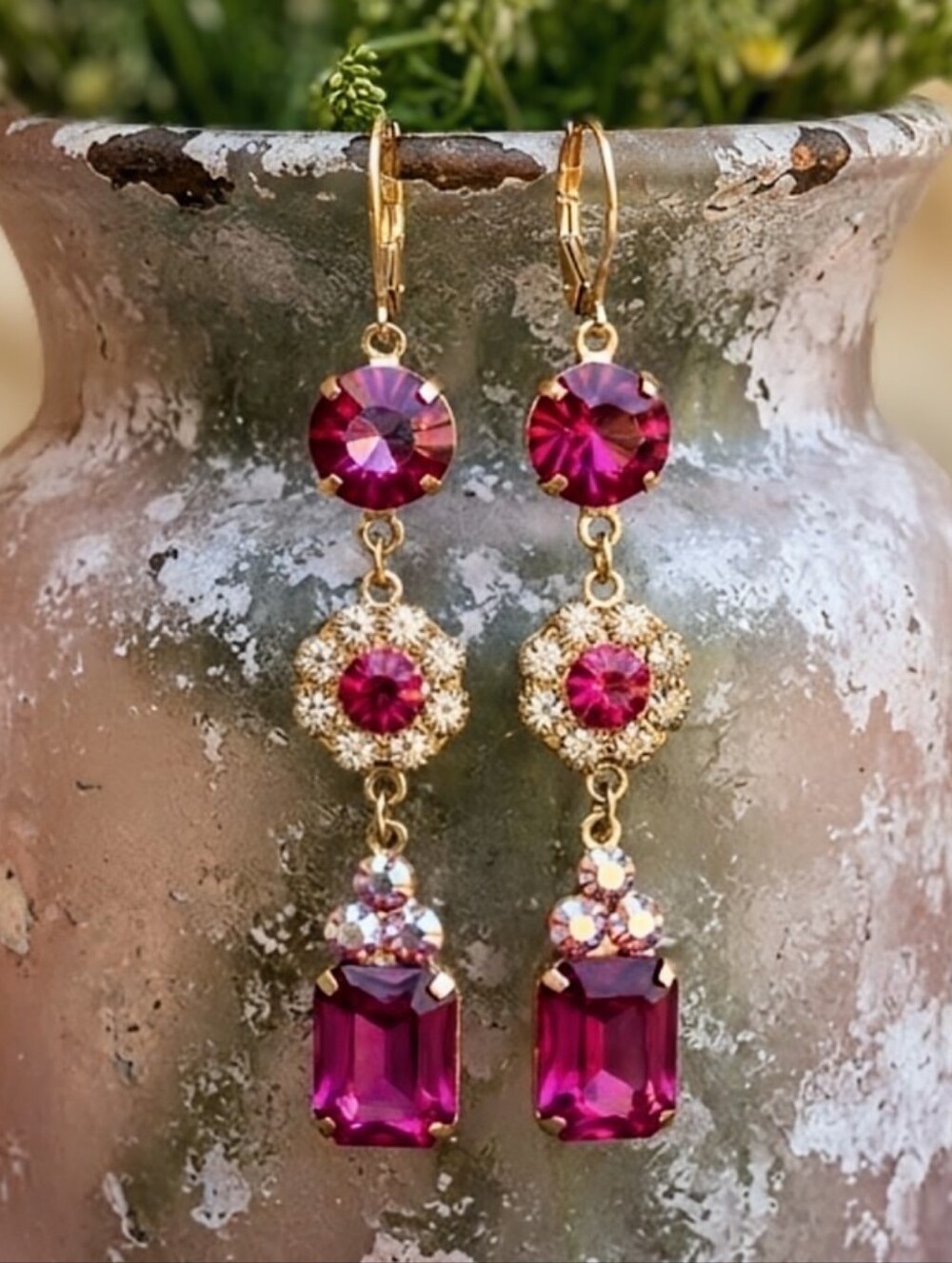 Victorian Fuchsia & Pink AB Swarovski & Flower Crystals In Long Ornate Earrings